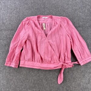 Madewell Blouse Womens Medium Pink Striped Wrap Tie Waist 3/4 Sleeve Cotton